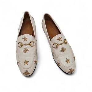 Gucci Jordaan Horsebit Flat Loafer Bee Star White Leather Gold Size 36 US 6